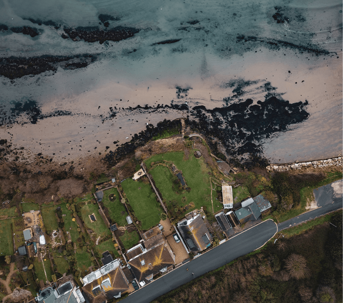 Aerial coastline overlook near Bayfront, Muttukadu, East Coast Road