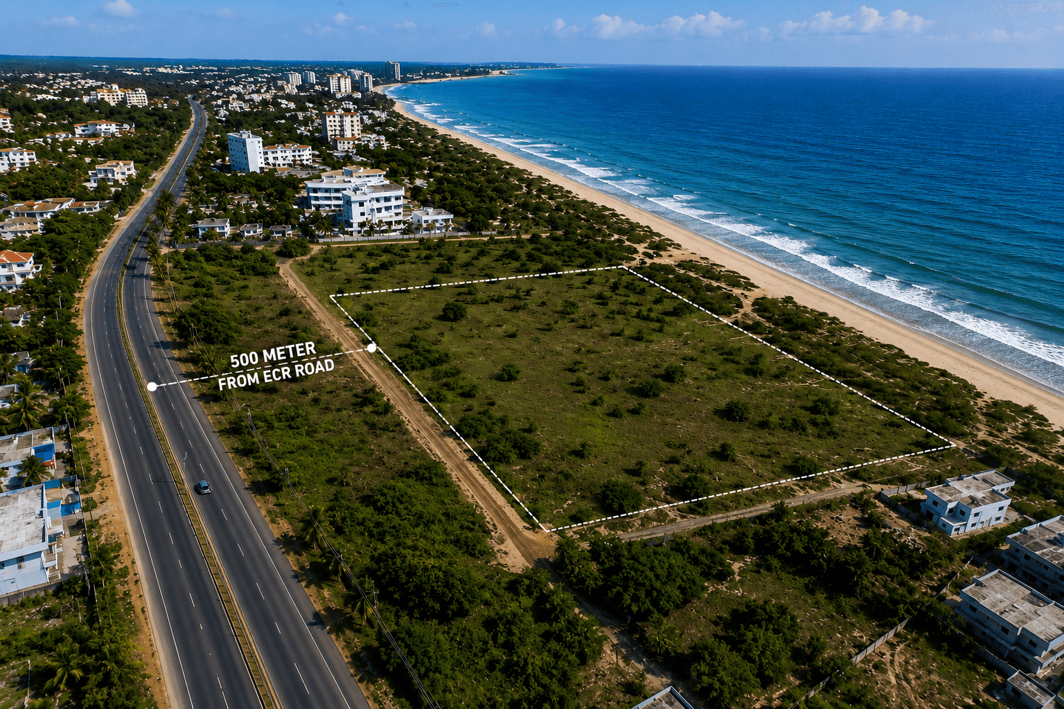 Aerial view of Bayfront's East Coast Road setting near Muttukadu