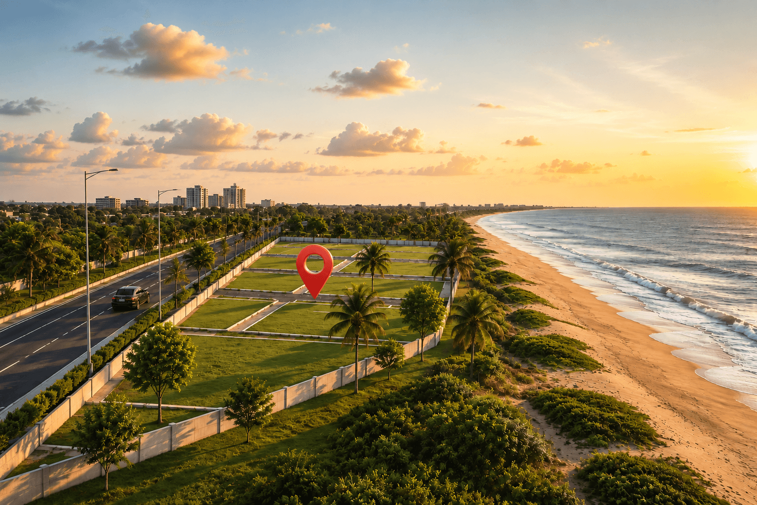 Aerial view of a Bayfront villa plot near the coast, Muttukadu, ECR