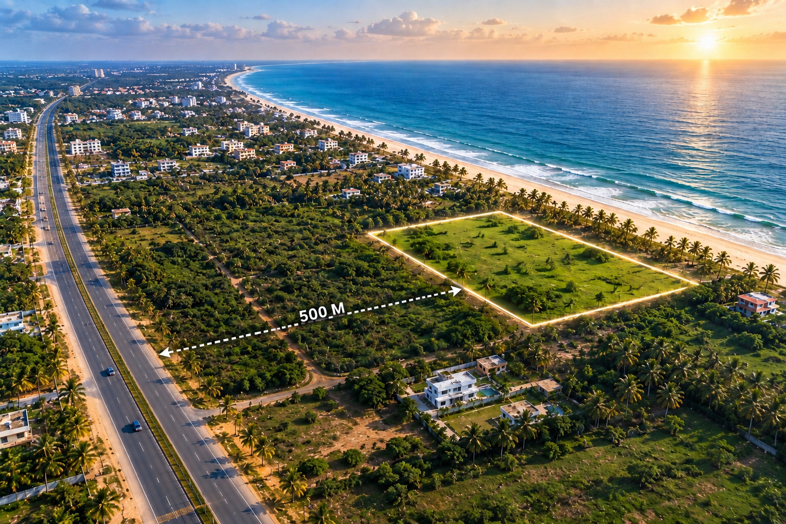 Aerial coastline overlook near Bayfront, Muttukadu