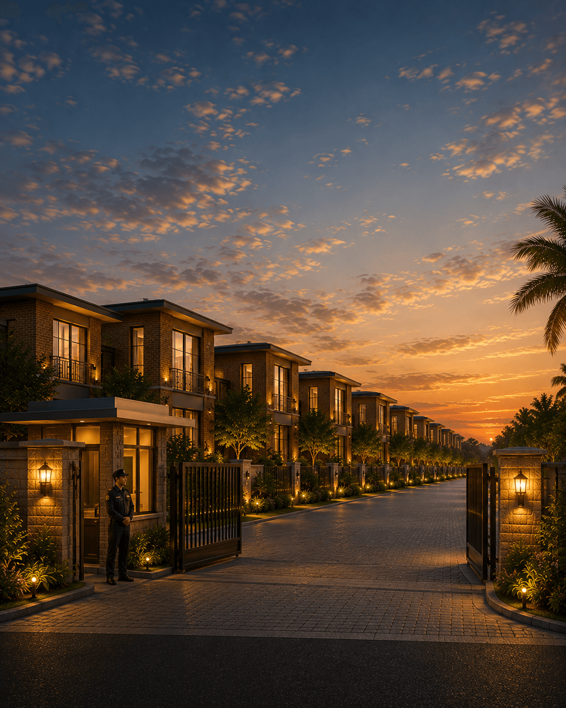 Azure Bay's illuminated gated entrance at dusk, flanked by palm trees