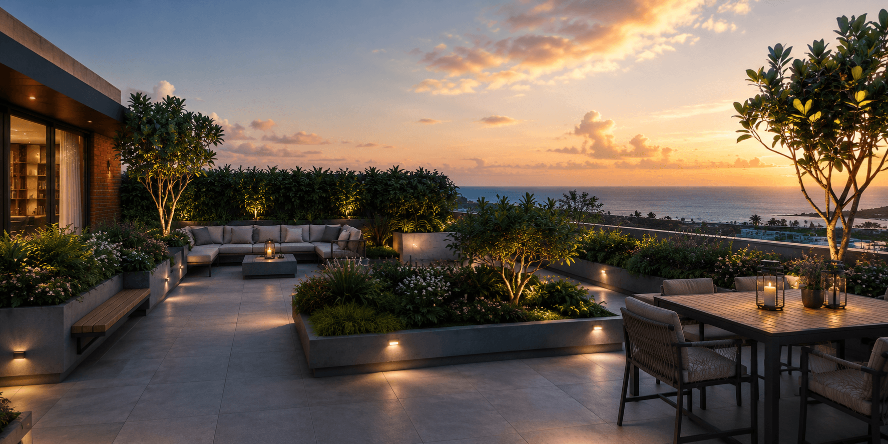 Rooftop terrace at Azure Bay overlooking the sea at sunset