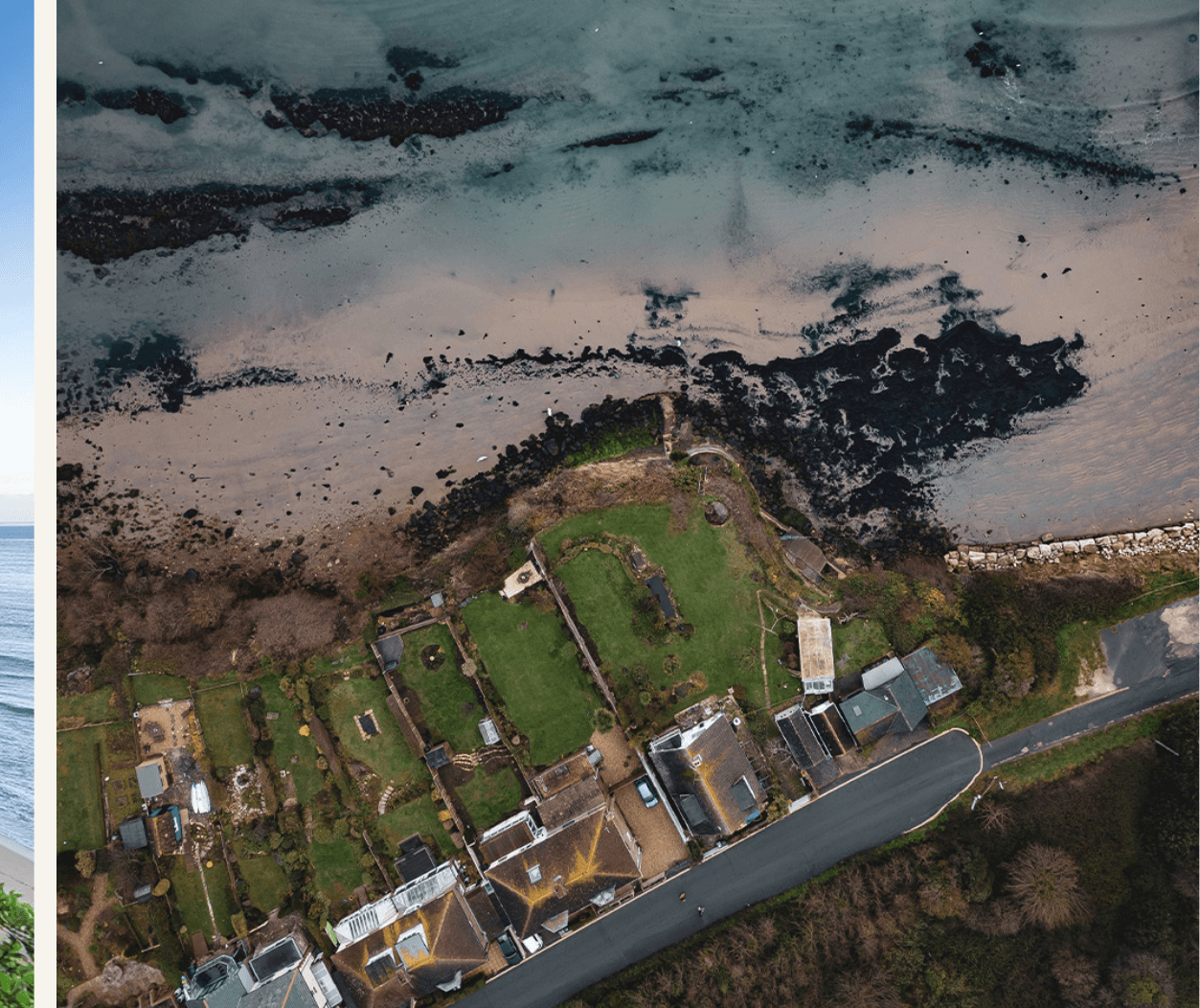 Aerial coastline overlook near Bayfront, Muttukadu