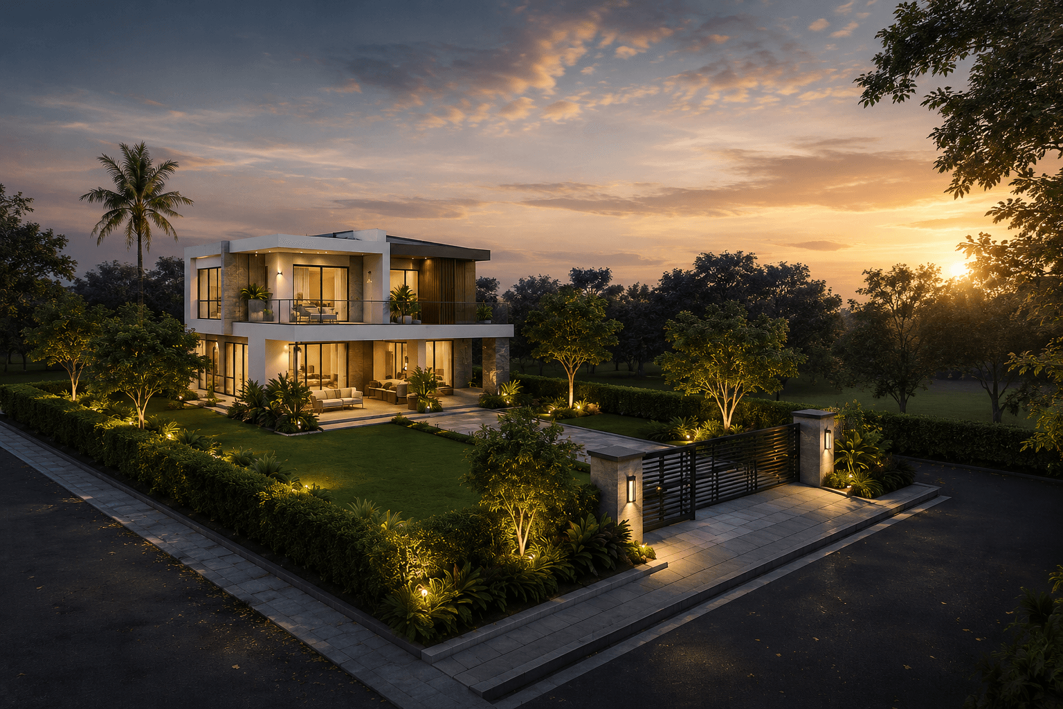 Villa concept at dusk within the Bayfront layout